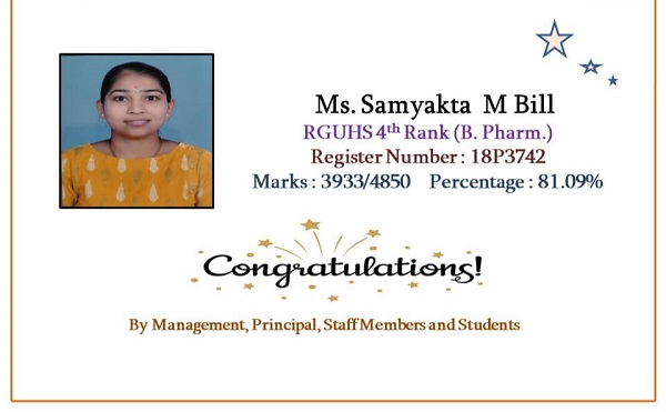 Ms.Samyakta M Bill RGUHS 4th Rank(B.Pharm)
